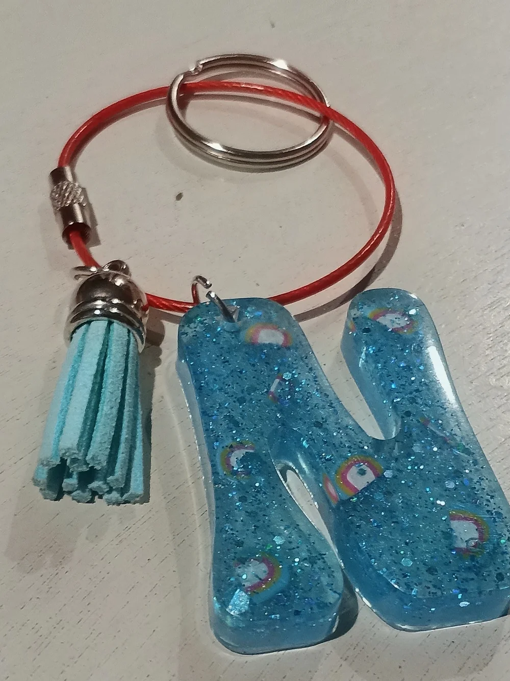Personalized Turquoise Initial N Keychain with Tassel